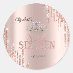 Glitter Drips Tiara Roos Gold Sweet 16 Ronde Sticker