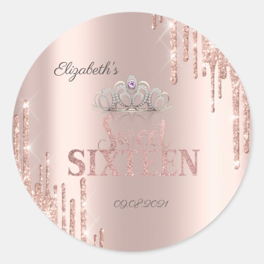 Glitter Drips Tiara Roos Gold Sweet 16 Ronde Sticker (Voorkant)