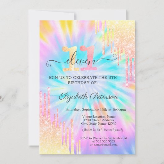 Glitter Drips Tie Dye 11e Verjaardag Kaart (Voorkant)
