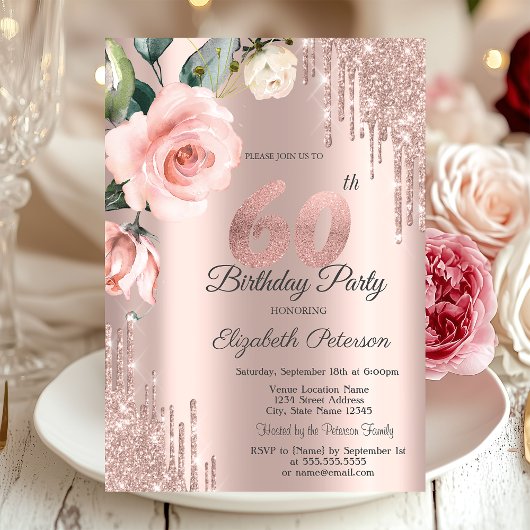 Glitter Drips Watercolor Rozen 60ste Verjaardag Kaart