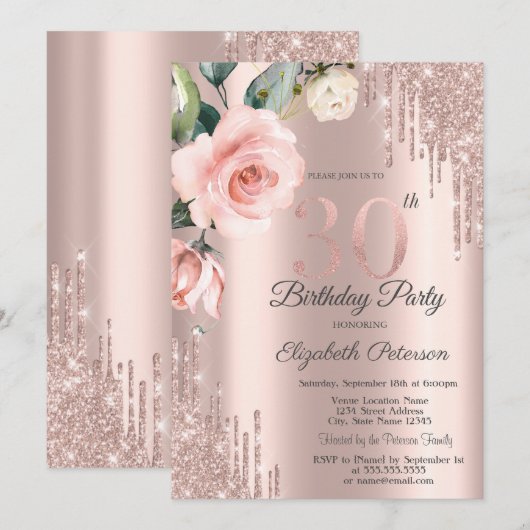 Glitter Drips Waterverf Rozen 30e Verjaardag Kaart (Voorkant / Achterkant)