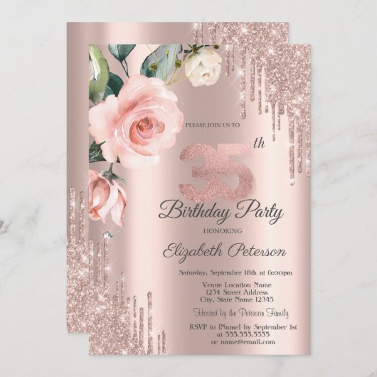 Glitter Drips Waterverf Rozen 35e Verjaardag Kaart (Voorkant / Achterkant)