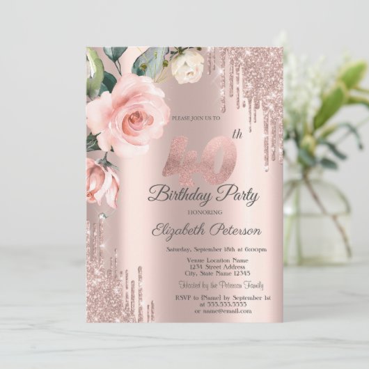 Glitter Drips Waterverf Rozen 40e Verjaardag Kaart (Staand voorkant)