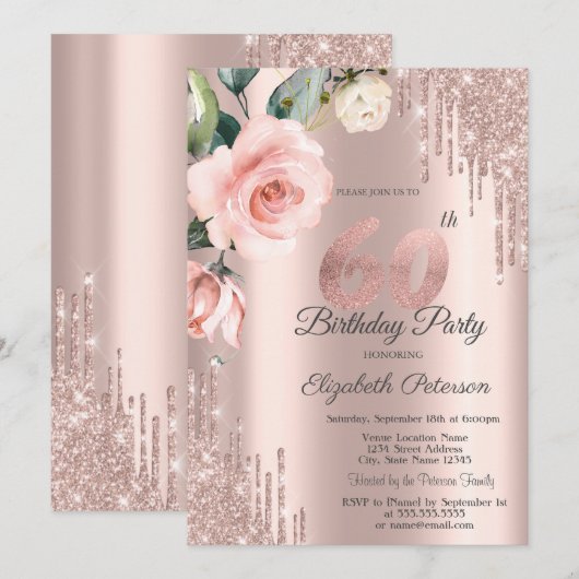 Glitter Drips Waterverf Rozen 60e Verjaardag Kaart (Voorkant / Achterkant)