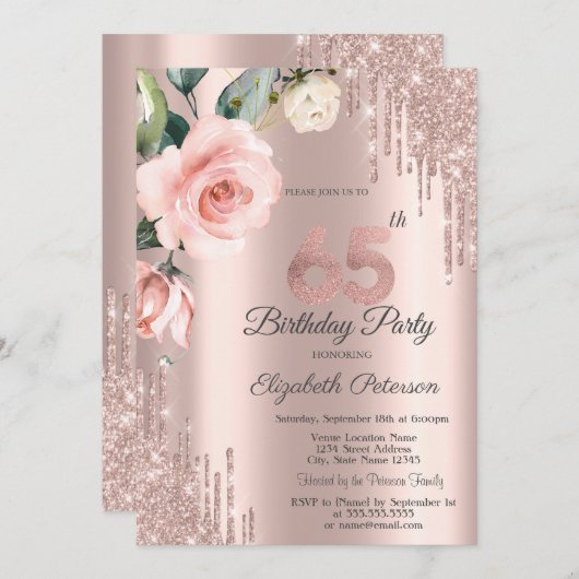 Glitter Drips Waterverf Rozen 65e Verjaardag Kaart (Voorkant / Achterkant)