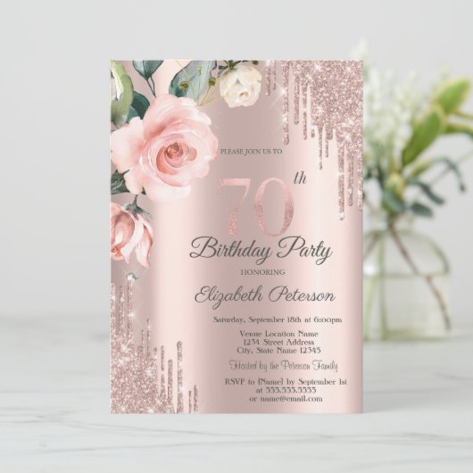 Glitter Drips Waterverf Rozen 70e Verjaardag Kaart (Staand voorkant)