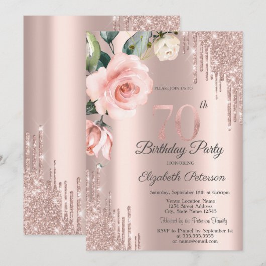 Glitter Drips Waterverf Rozen 70e Verjaardag Kaart (Voorkant / Achterkant)