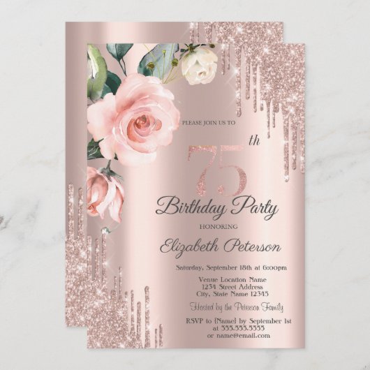 Glitter Drips Waterverf Rozen 75e Verjaardag Kaart (Voorkant / Achterkant)