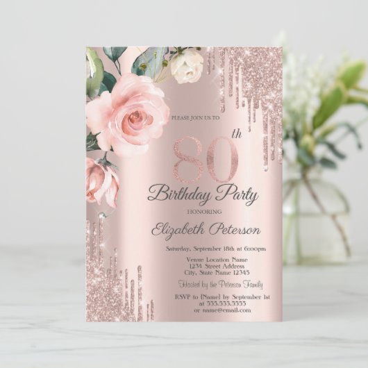 Glitter Drips Waterverf Rozen 80e Verjaardag Kaart (Staand voorkant)