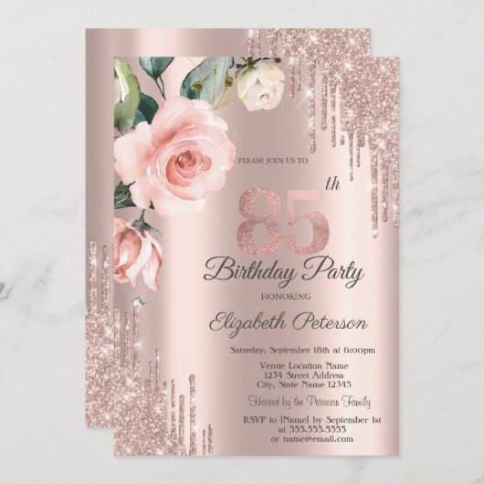 Glitter Drips Waterverf Rozen 85e Verjaardag Kaart (Voorkant / Achterkant)