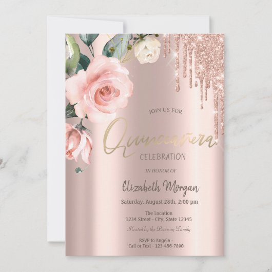 Glitter Drips Waterverf Rozen Quinceañera Kaart (Voorkant)