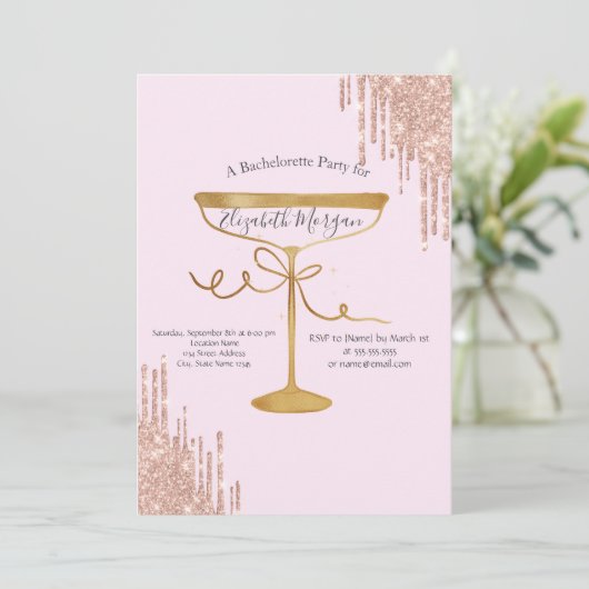 Glitter Drips Wijnglas Roze Bachelorette Kaart (Staand voorkant)