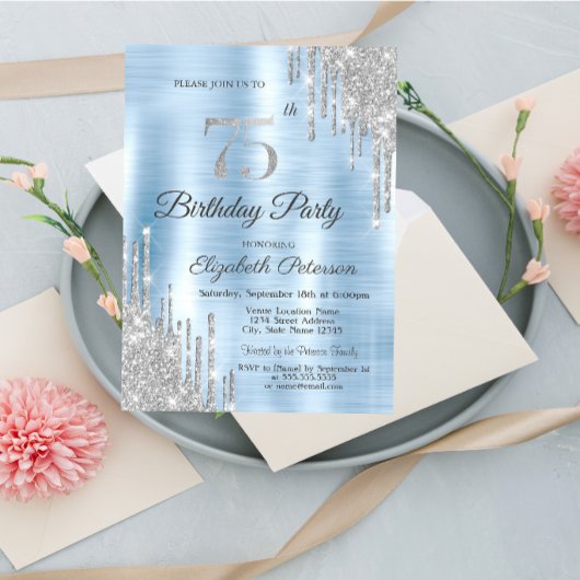 Glitter Drips Zilver 75e Verjaardag Kaart