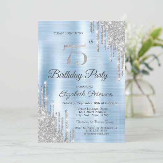 Glitter Drips Zilver 75e Verjaardag Kaart (Staand voorkant)