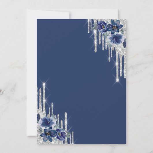 Glitter Drips Zilver Blauw Bloemen Zoet 16 Kaart (Achterkant)