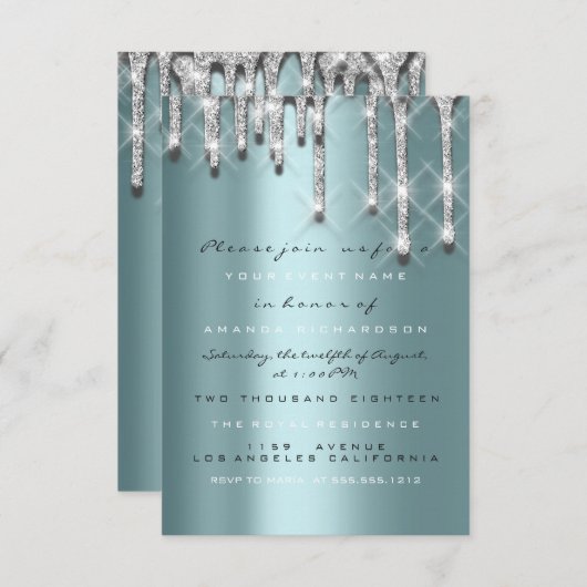 Glitter Drips Zilver Teal Bruids Sweet 16e 3d Kaart (Voorkant / Achterkant)