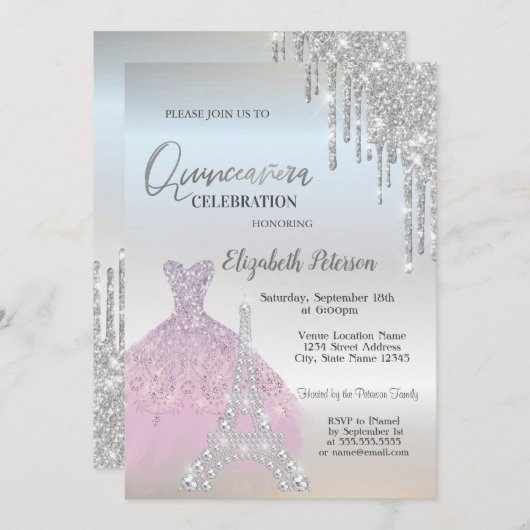 Glitter Drivers, Lavander Dress, Eiffel Quinceañer Kaart (Voorkant / Achterkant)
