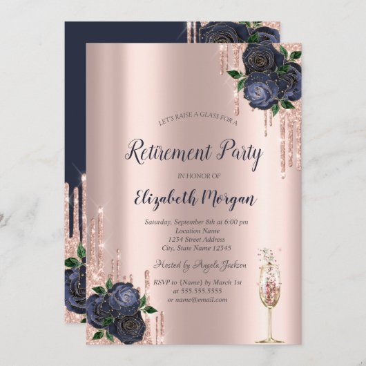 Glitter Drivers, marineblauw Roos Pensionering Kaart (Voorkant / Achterkant)