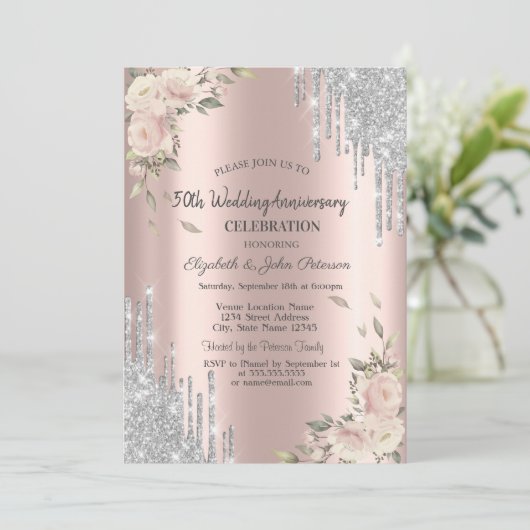 Glitter Drivers, Rozen, Roos Gold Wedding Jubileum Kaart (Staand voorkant)