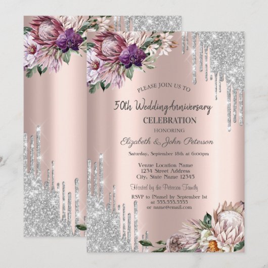 Glitter Drivers, Tropische bloemen Roos Gold Wedde Kaart (Voorkant / Achterkant)