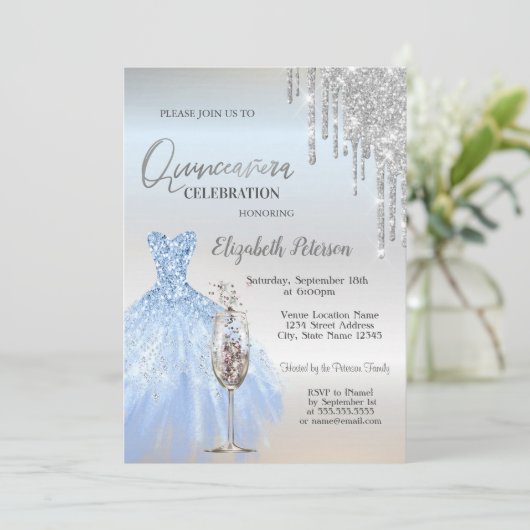 Glitter Drives,Dress,Champagne Glass Quinceañera Kaart (Staand voorkant)