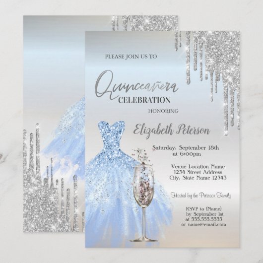 Glitter Drives,Dress,Champagne Glass Quinceañera Kaart (Voorkant / Achterkant)