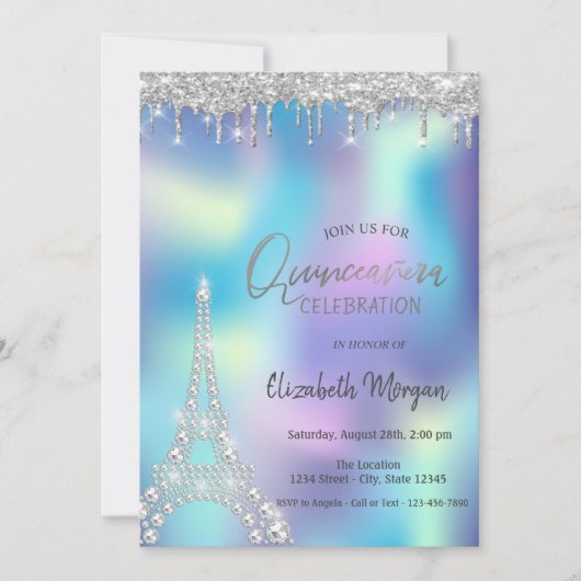 Glitter Drop Diamonds Eiffeltoren Quinceanera Kaart (Voorkant)