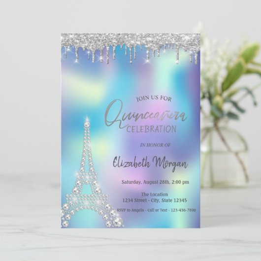 Glitter Drop Diamonds Eiffeltoren Quinceanera Kaart (Staand voorkant)