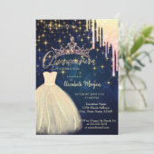 Glitter Drop Tiara Dress Navy Blue Quinceañera Kaart (Staand voorkant)