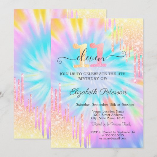 Glitter druipt stropdas kleurstof 11e verjaardag kaart (Voorkant / Achterkant)