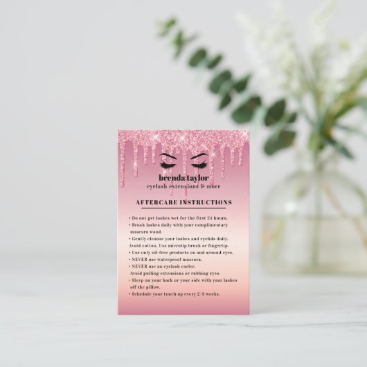 Glitter druist Eyelash Instructies voor nazorg Visitekaartje (Staand voorkant)