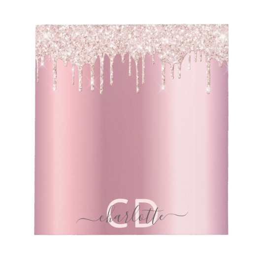 Glitter drup roze goud glanzend glam monogram notitieblok (Voorkant)