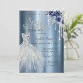 Glitter Druppels, Blauwe Jurk Bloemen Metallic Zoe Kaart (Staand voorkant)