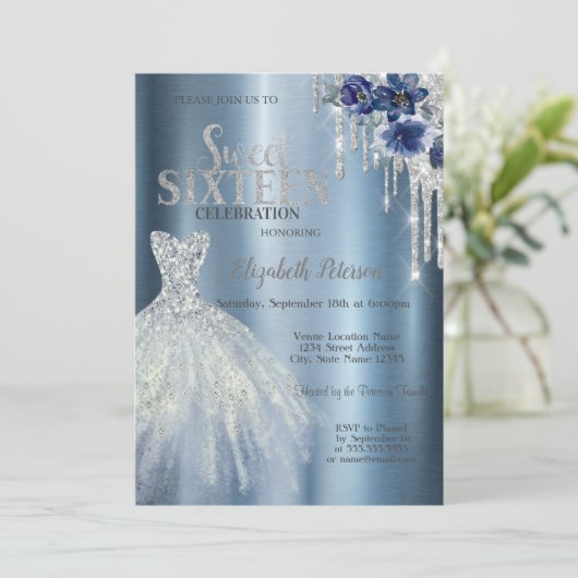 Glitter Druppels, Blauwe Jurk Bloemen Metallic Zoe Kaart (Staand voorkant)