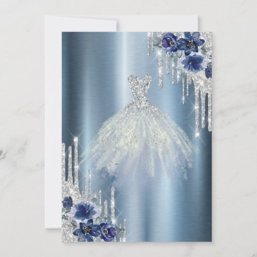 Glitter Druppels, Blauwe Jurk Bloemen Metallic Zoe Kaart (Achterkant)