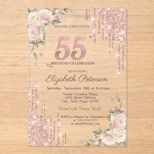 Glitter Druppels Bloemen Roos Gouden Bloemen 55h V Acryl Uitnodigingen (Voorkant)