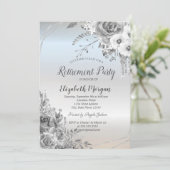 Glitter druppels, bloemen, zilveren pensioen kaart (Staand voorkant)