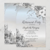 Glitter druppels, bloemen, zilveren pensioen kaart (Voorkant / Achterkant)