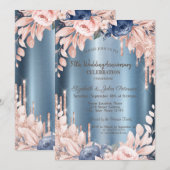 Glitter Druppels Bloemenblauw Huwelijk Jubileum Kaart (Voorkant / Achterkant)