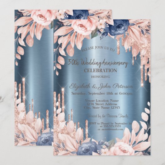 Glitter Druppels Bloemenblauw Huwelijk Jubileum Kaart (Voorkant / Achterkant)