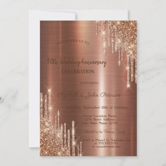 Glitter druppels bruin metallic bruiloft Jubileum Kaart (Voorkant)