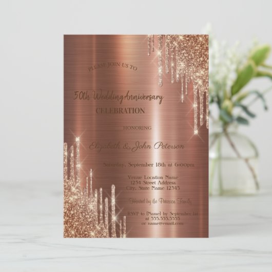 Glitter druppels bruin metallic bruiloft Jubileum Kaart (Staand voorkant)
