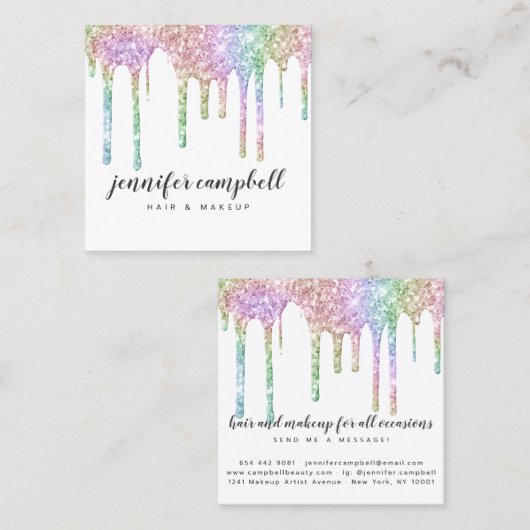 Glitter druppels chique haar make-up holografische vierkante visitekaartje (Voorkant / Achterkant)