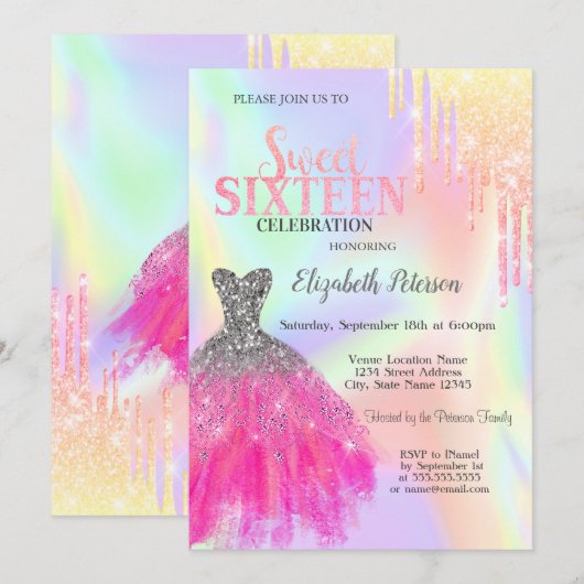 Glitter druppels, chique jurk holografisch zoet 16 kaart (Voorkant / Achterkant)