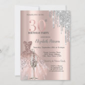 Glitter Druppels, Dress Wijnglas 30e Verjaardag Kaart (Voorkant)