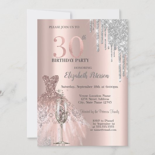 Glitter Druppels, Dress Wijnglas 30e Verjaardag Kaart (Voorkant)