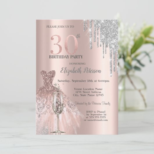 Glitter Druppels, Dress Wijnglas 30e Verjaardag Kaart (Staand voorkant)