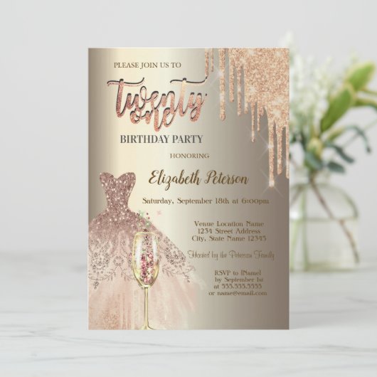 Glitter Druppels, Dress Wijnglas Champagne 21st Kaart (Staand voorkant)