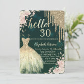 Glitter druppels, jurk, bloemengroen 30e verjaarda kaart (Staand voorkant)