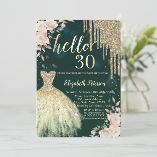 Glitter druppels, jurk, bloemengroen 30e verjaarda kaart (Staand voorkant)